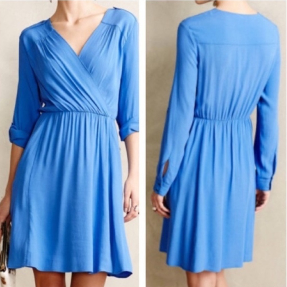 Anthropologie Maeve Lene Crepe Wrap Dress Blue Large